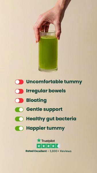 A minimalist, high-contrast ad featuring a hand holding a glass of green juice, paired with a toggle-list comparing negative gut issues against positive health outcomes.